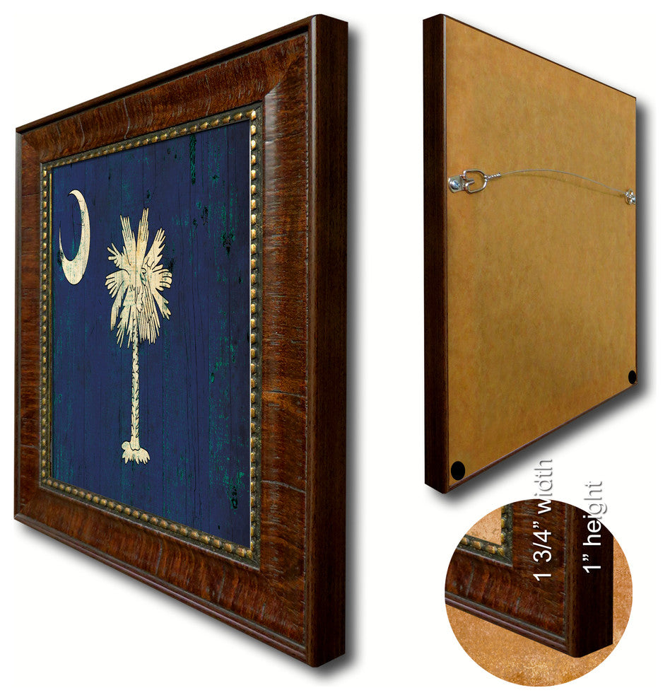 South Carolina State Vintage Flag Print With Brown Gold Frame, 15"X21"