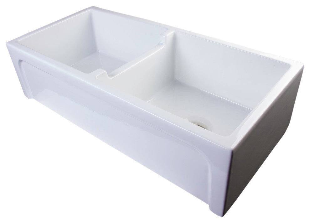 39" White Arched Apron Thick Wall Fireclay Double Bowl Farm Sink