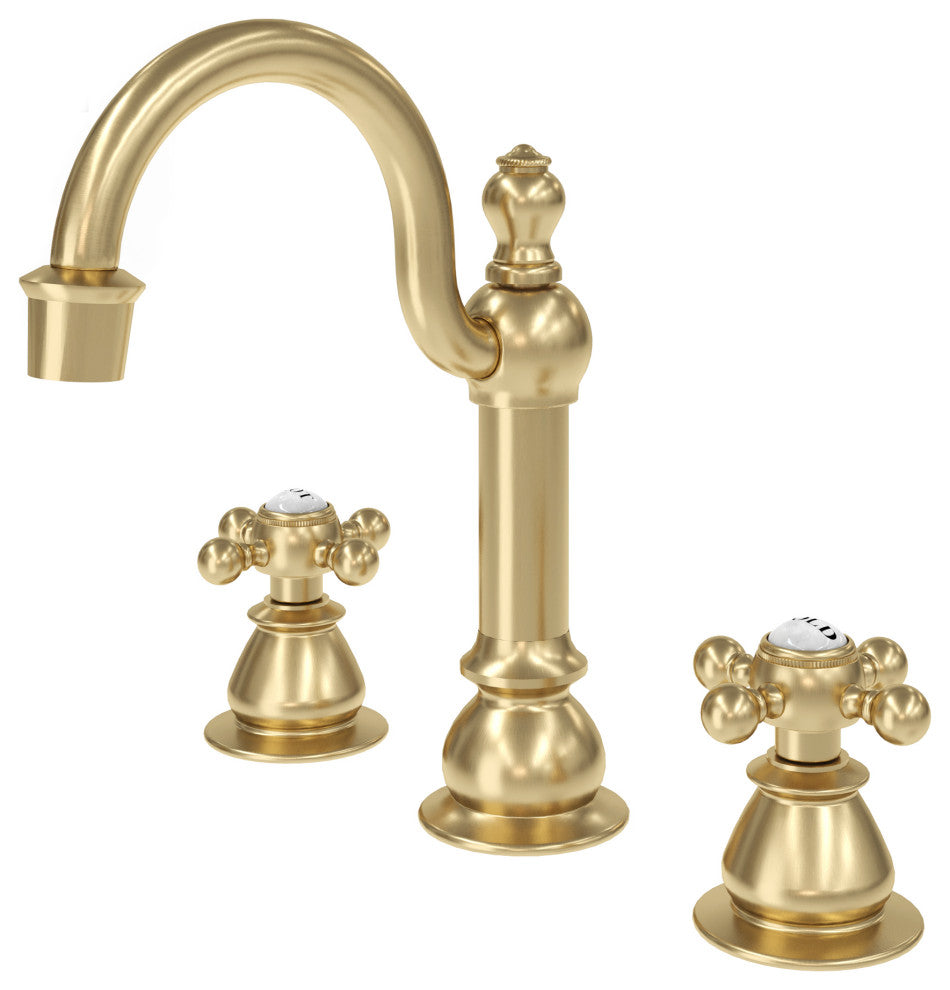 Classic Hook Widespread Deck Mount Lavatory Faucets and Pop-Up Drain, Satin Gold