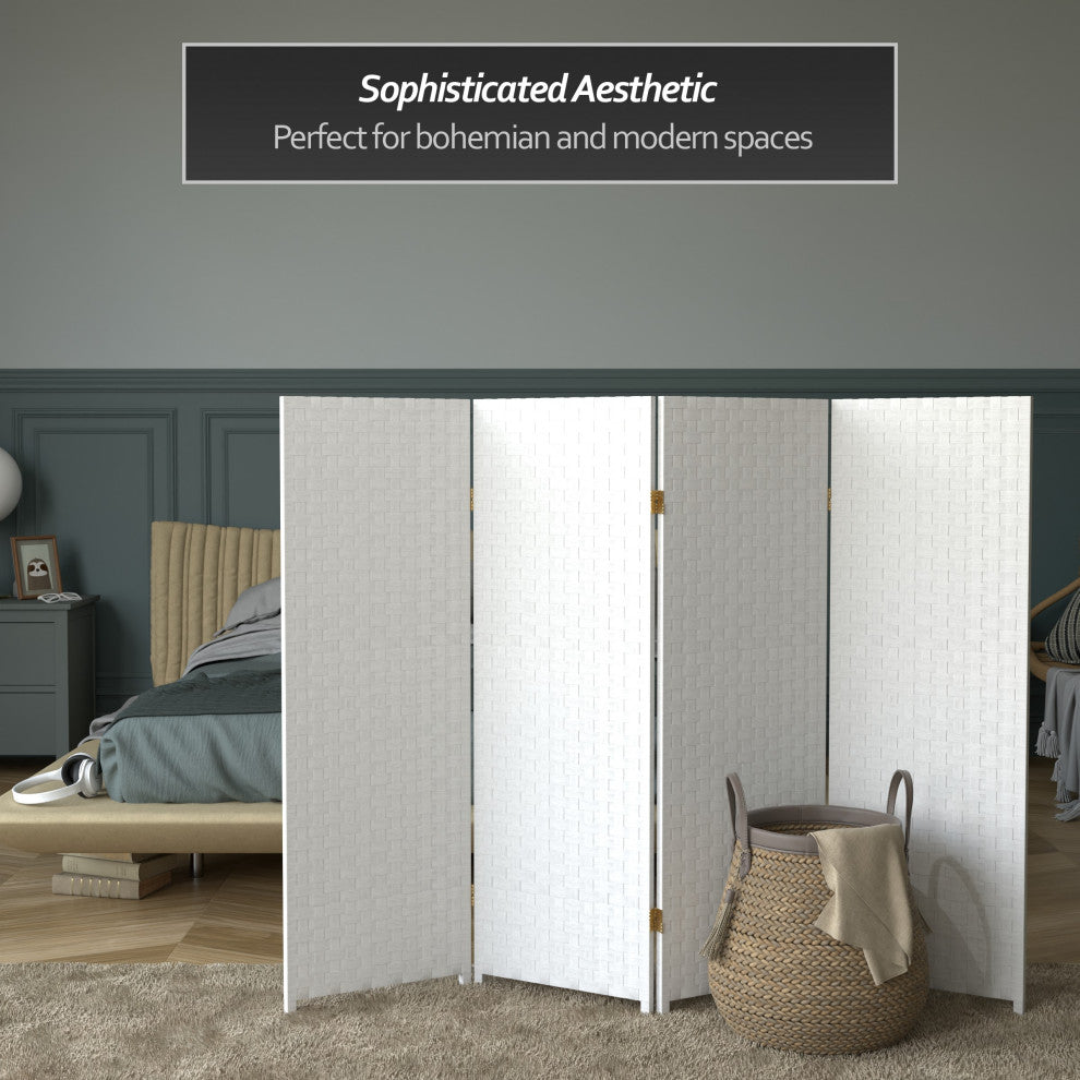 4' Tall Woven Fiber Room Divider, White, 4 Panel