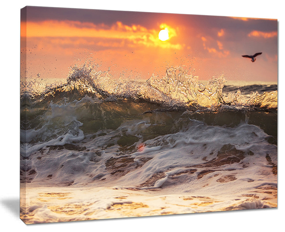 "Sunrise And Roaring Ocean Waves" Seashore Canvas Wall Art, 20"x12"