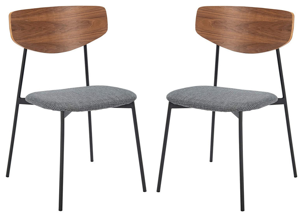 Set of 2 Dining Chair, Grey Cushioned Seat and Walnut Brown Curved Backrest