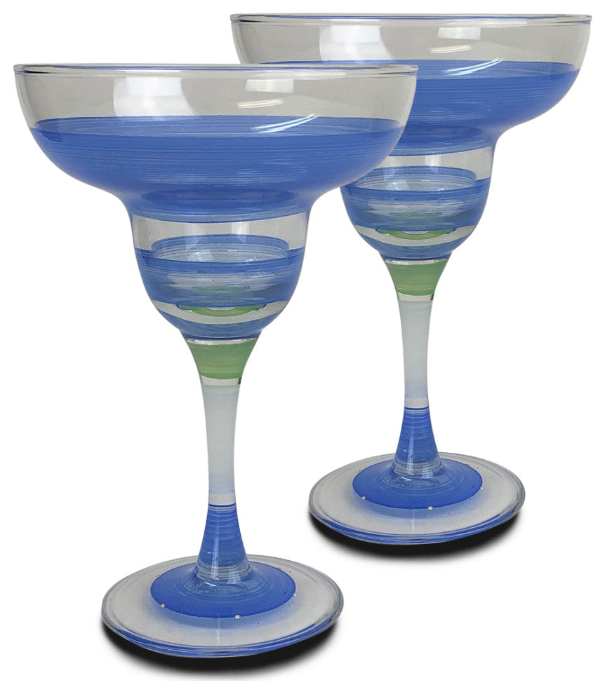Retro Stripe Blue Margarita Glasses, Set of 2