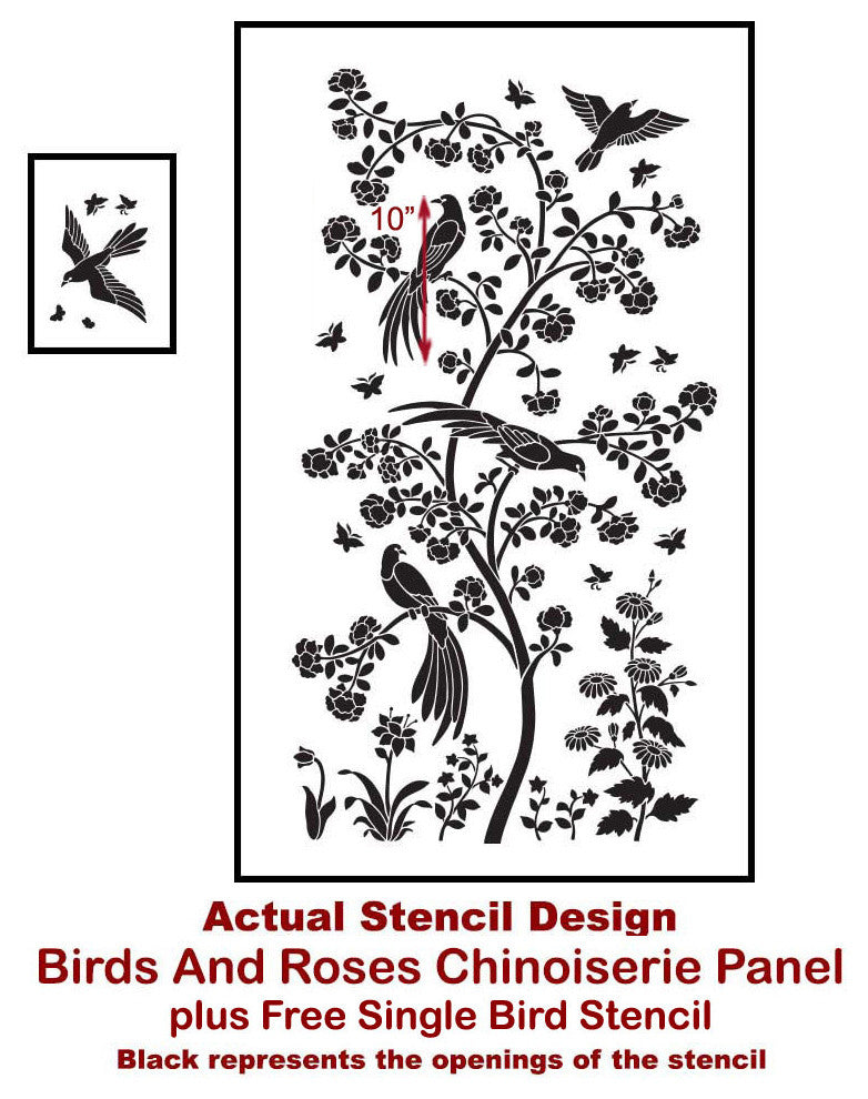 Birds and Roses Chinoiserie Wall Mural Stencil, DIY Asian Garden Decor, Small