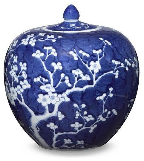 Blue and White Cherry Blossom Rounded Ginger Jar, 10"