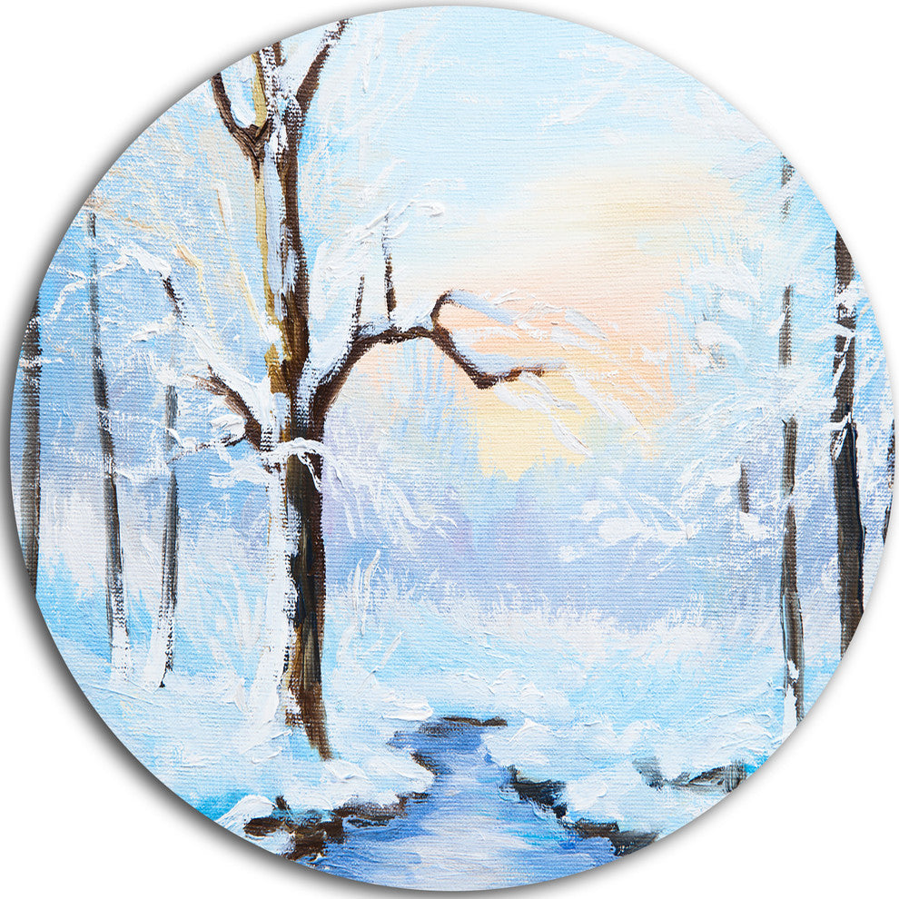 White Frozen River In Forest, Landscape Disc Metal Wall Art, 23"
