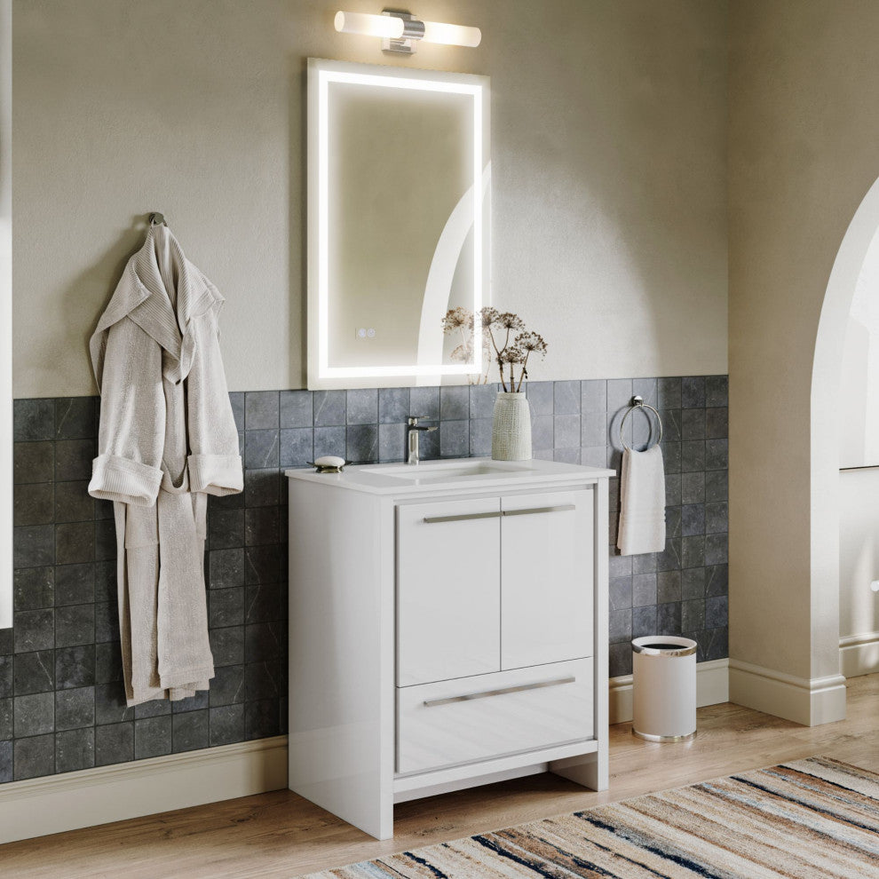 Esconde Bath Vanity, High Gloss White, 30", Single Sink, Freestanding