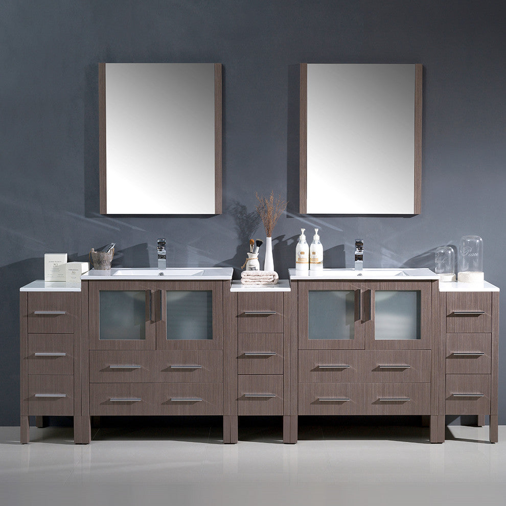 Torino 96" Gray Oak Modern Double Sink Bathroom Vanity, Faucet FFT9151CH