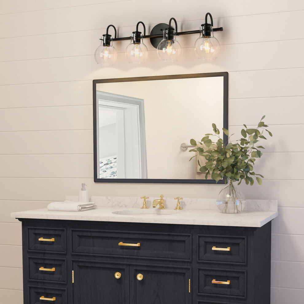 LNC Modern Matte Black Globe Clear Glass Bathroom Vanity Light, 4 Lights