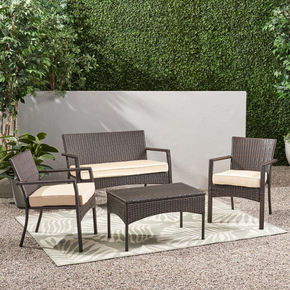 GDF Studio 4-Piece Tahiti Outdoor Wicker Chat, Dark Cream Water Resista Set
