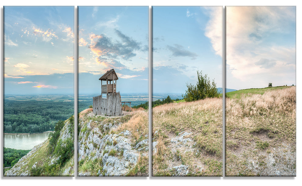 "View Tower on Hill" Panorama Landscape Wall Art Canvas Print48"x28", 4-Panels