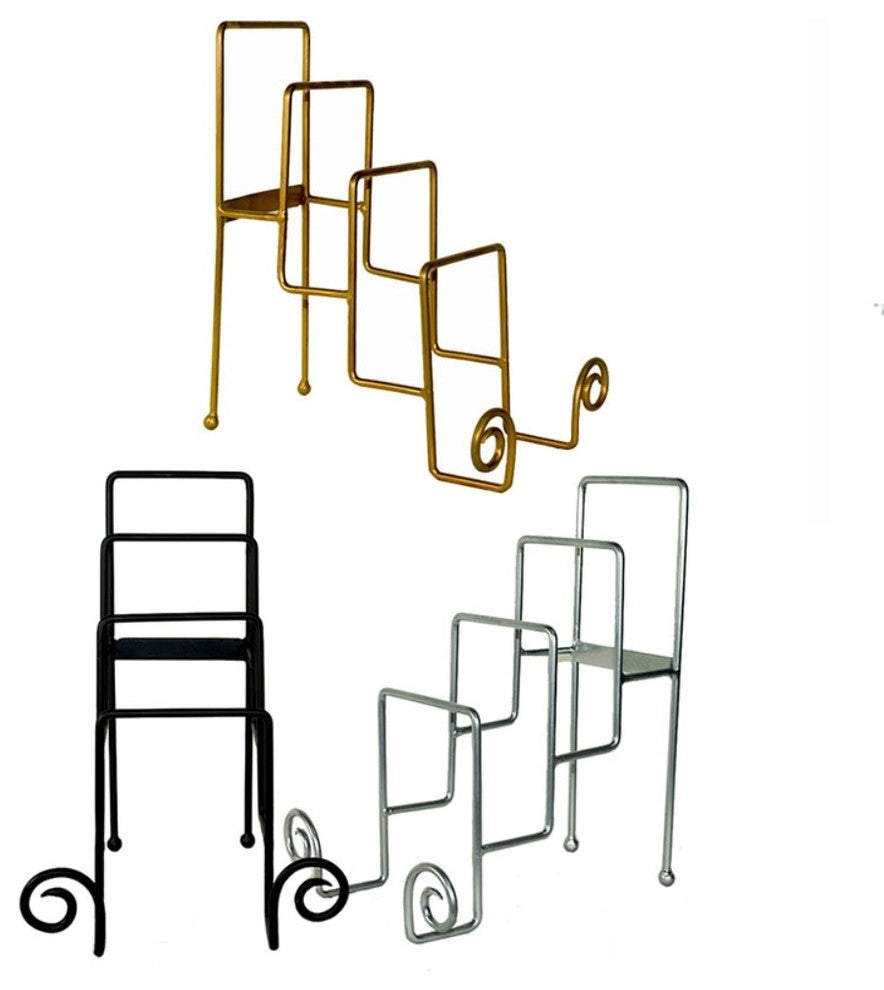 Metal 4Tier Iron Place Plate Stand, Black, Silver And Gold, Assortment of 3