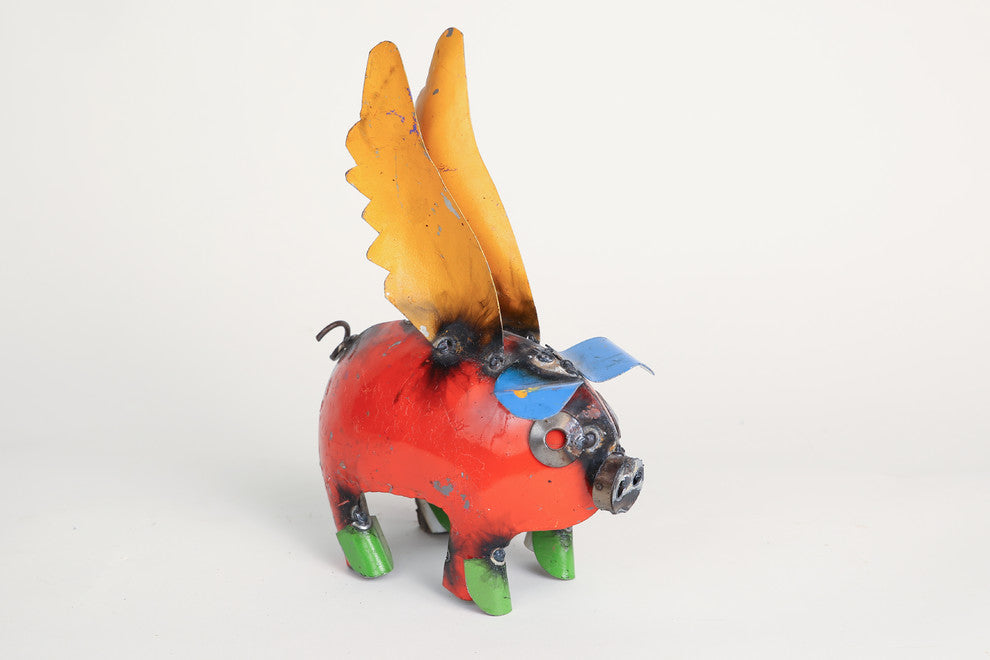 Recycled Metal Flying Pig, Multi-Colored, Mini