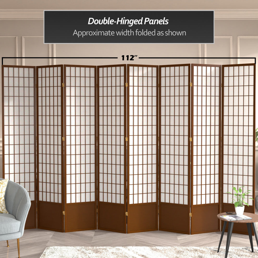 7' Tall Window Pane Shoji Screen, Walnut, 8 Panels