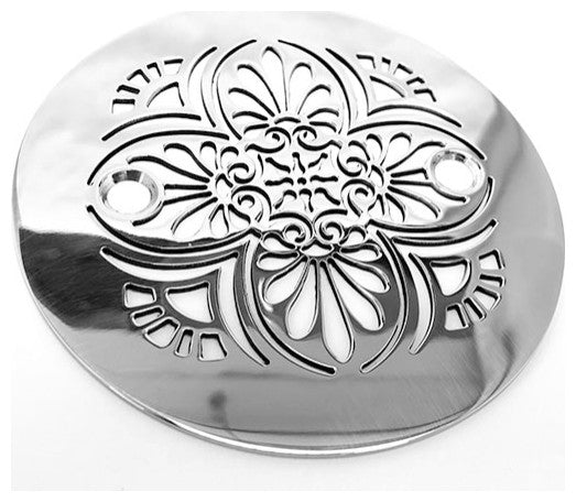 Bathroom Shower Drain, Greek Anthemion Design by Designer Drains, Polished Stainless Steel, 4.25" W/ 2-5/8 Ctc
