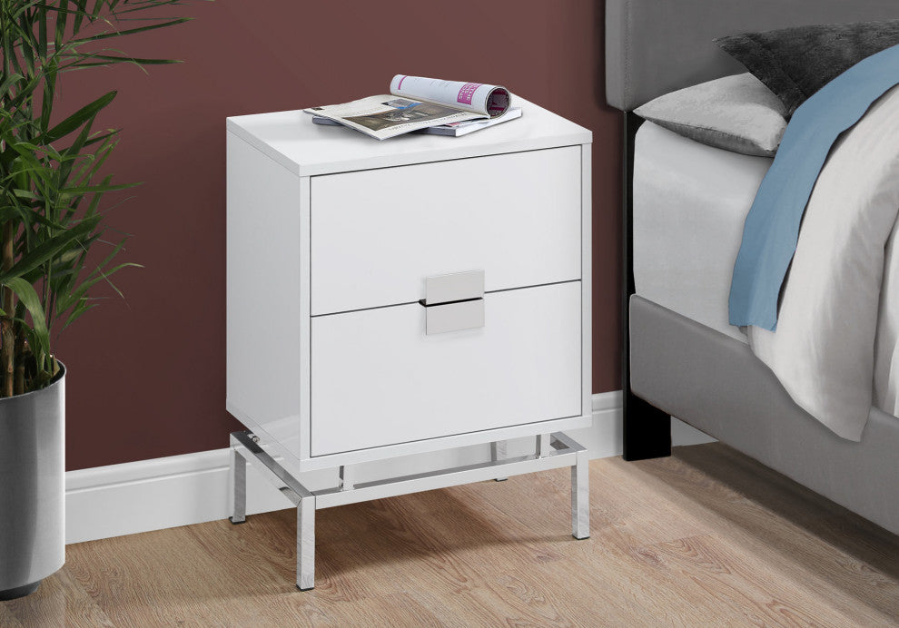 Accent Table, Lamp, Storage Drawer, Metal, Laminate, Glossy White, Chrome