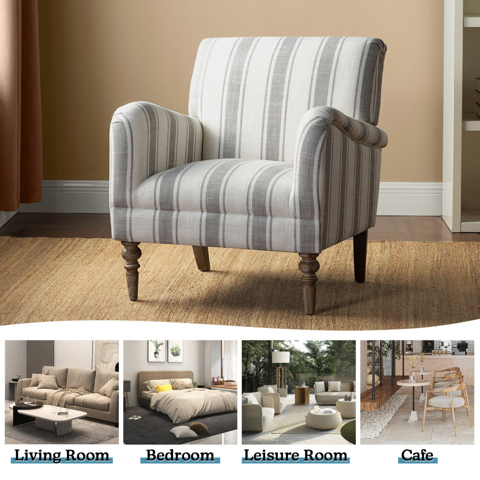 Mid-century Stripe Armchair With Wing Back, Gray