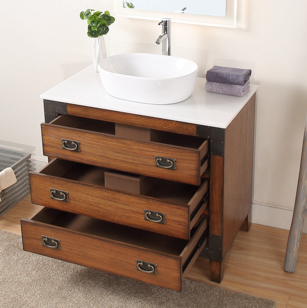 36" Asian-Inspired All Wood Construction Akira Vessel Sink Bathroom Cf35535