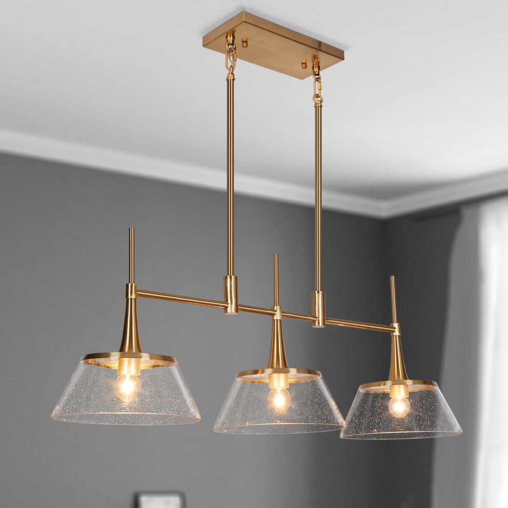 LNC 3-Light Polished Gold Modern Linear Kitchen Island Light, Seeded Glass