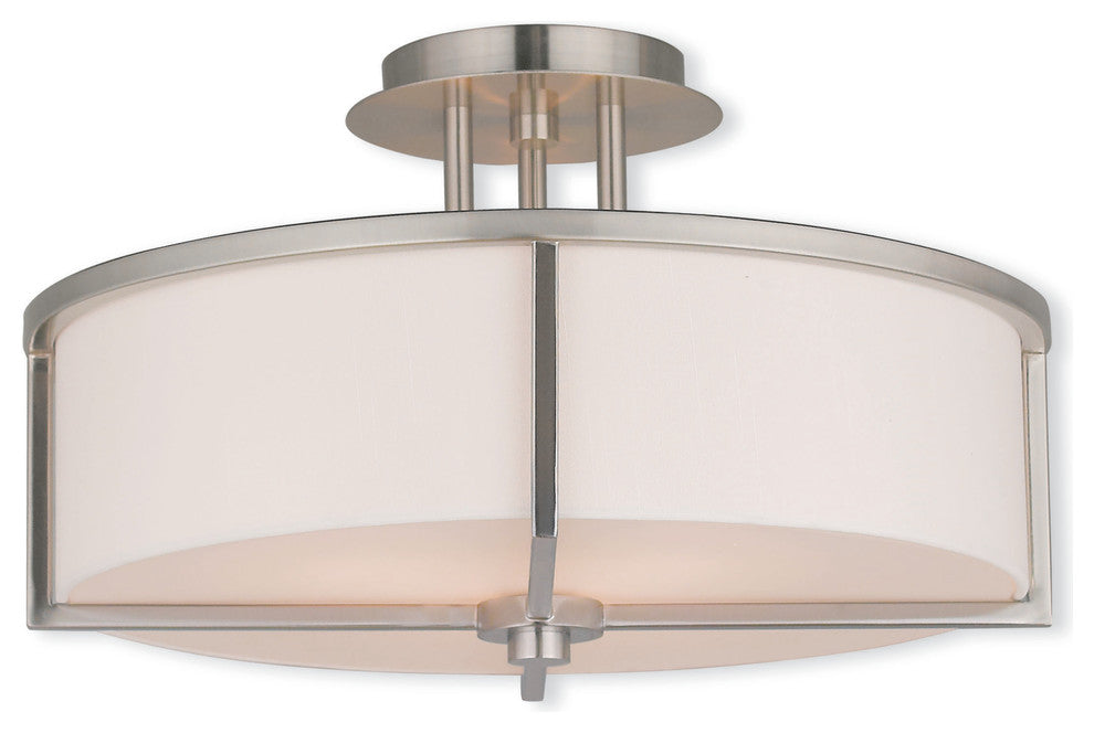Ceiling Mount With Handcrafted Off-White Fabric Hardback Shade, Brushed Nickel