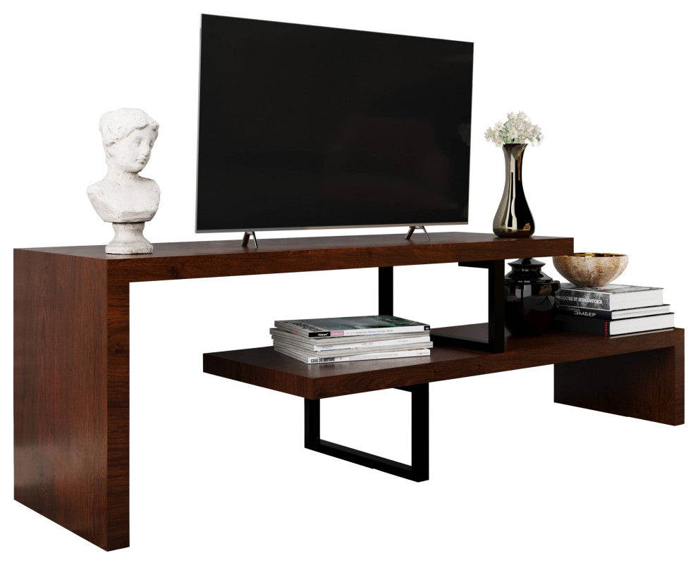 Orford Modern Open Concept Minimalist TV Stand with Iron Legs, Walnut