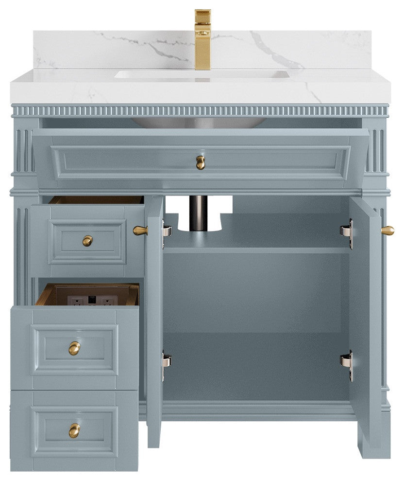 Paris 36" Center Sink Bathroom Vanity, Blue Heather 2" Calacatta Laza