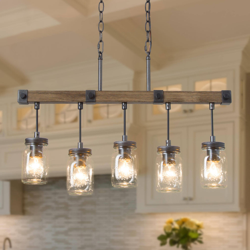 LNC Farmhouse Mason Jar Glass and Wood Kitchen Island Light, Clustered