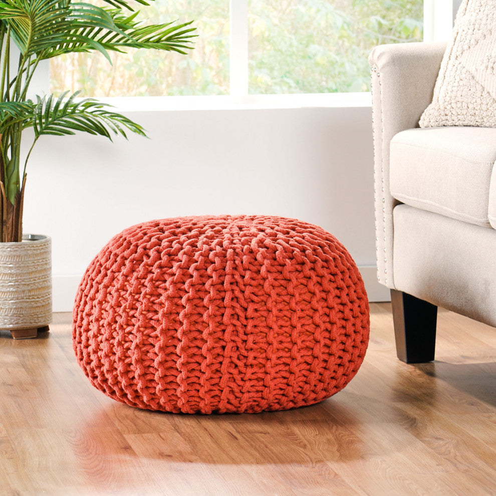 GDF Studio Poona Hand Knitted Artisan Pouf, Coral
