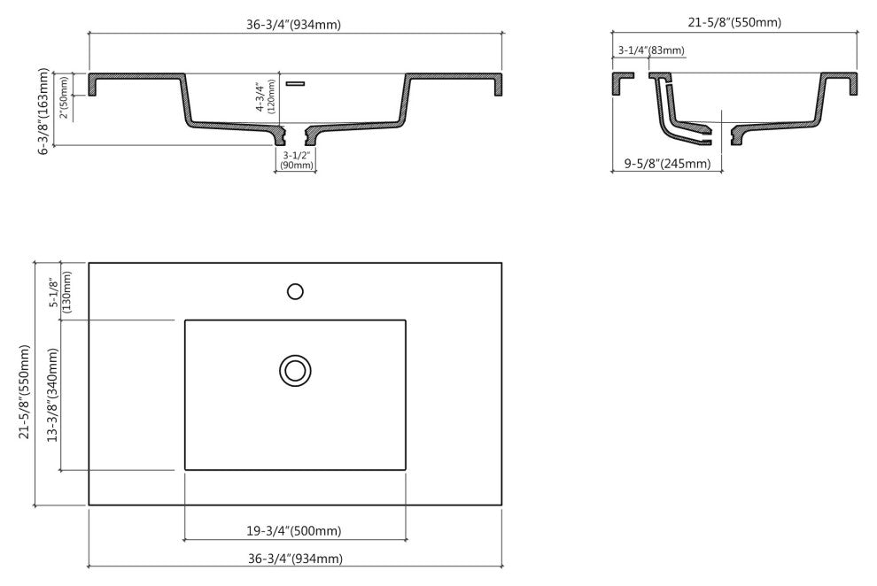 Dowell 22" FTB Resin Bathroom Vanity Basin, White, 36wx22dx6h
