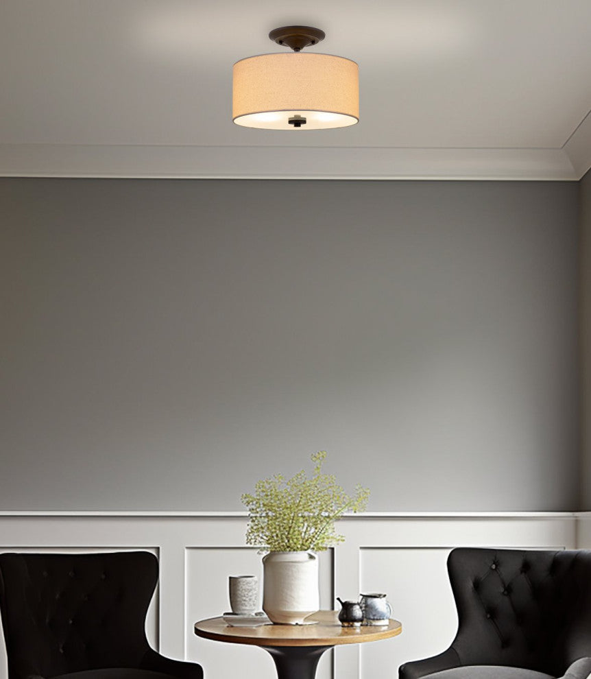 Kira Home Addison 13" Ceiling Light, Off-White Fabric Drum Shade, Bronze