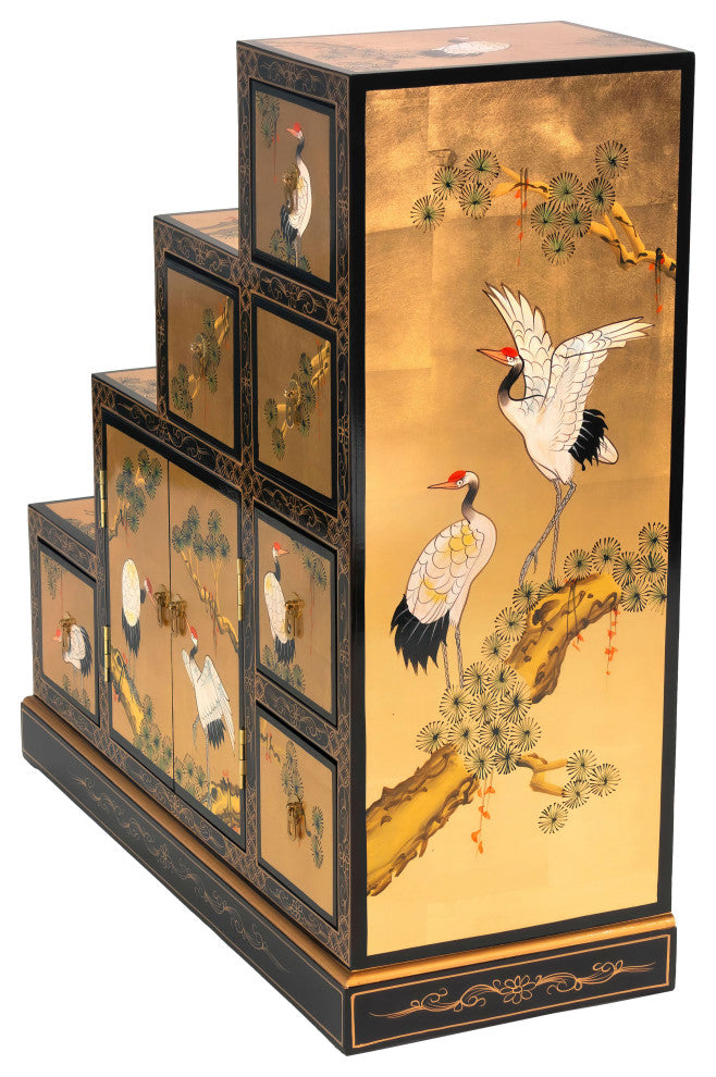 Gold Lacquer Step Tansu Cranes