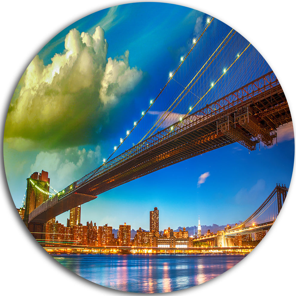 Brooklyn Bridge With Cloud In Sky, Cityscape Disc Metal Artwork, 23"