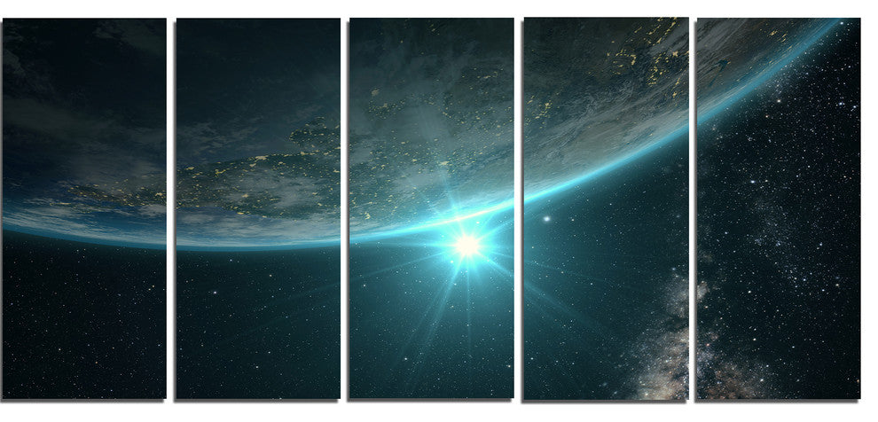 "Sunrise in Earth From Space" Contemporary Landscape Wall Art, 5 Panels, 60"x28"