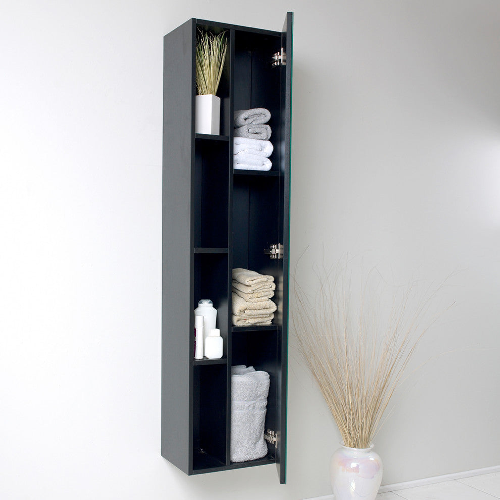 Fresca Black Bathroom Linen Side Cabinet, 4 Cubby Holes, Mirror