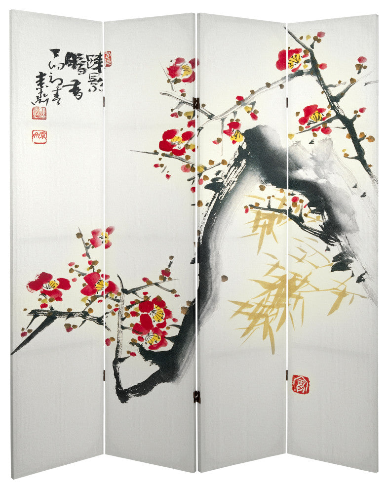 6' Tall Double Sided Cherry Blossoms and Love Canvas Room Divider 4 Panel