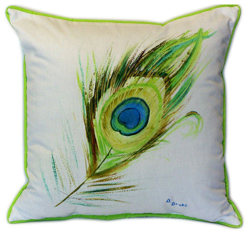 Pair of Betsy Drake Peacock Feather Large Indoor/Outdoor Pillows 18 In X 18 In.