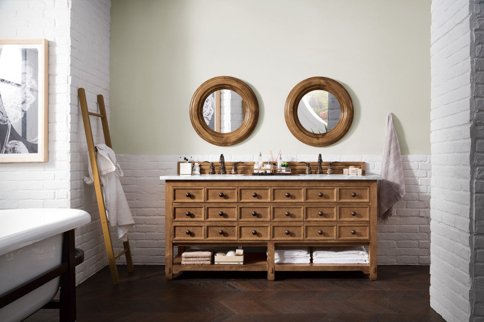 Malibu 72" Honey Alder Double Vanity, Carrara Marble Top