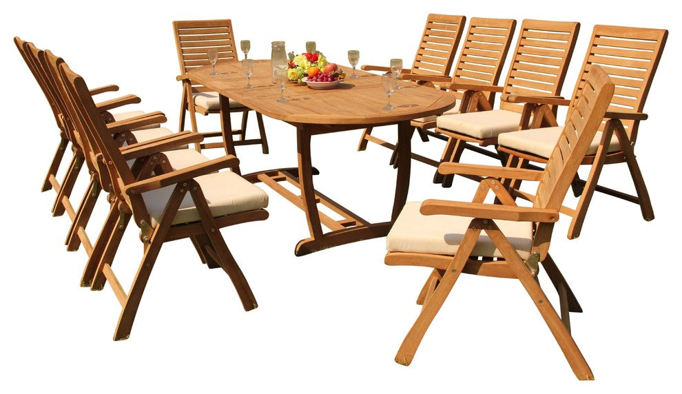 11-Piece Outdoor Teak Dining Set, 94" Masc Oval Table 10 Ashley Reclining Chairs