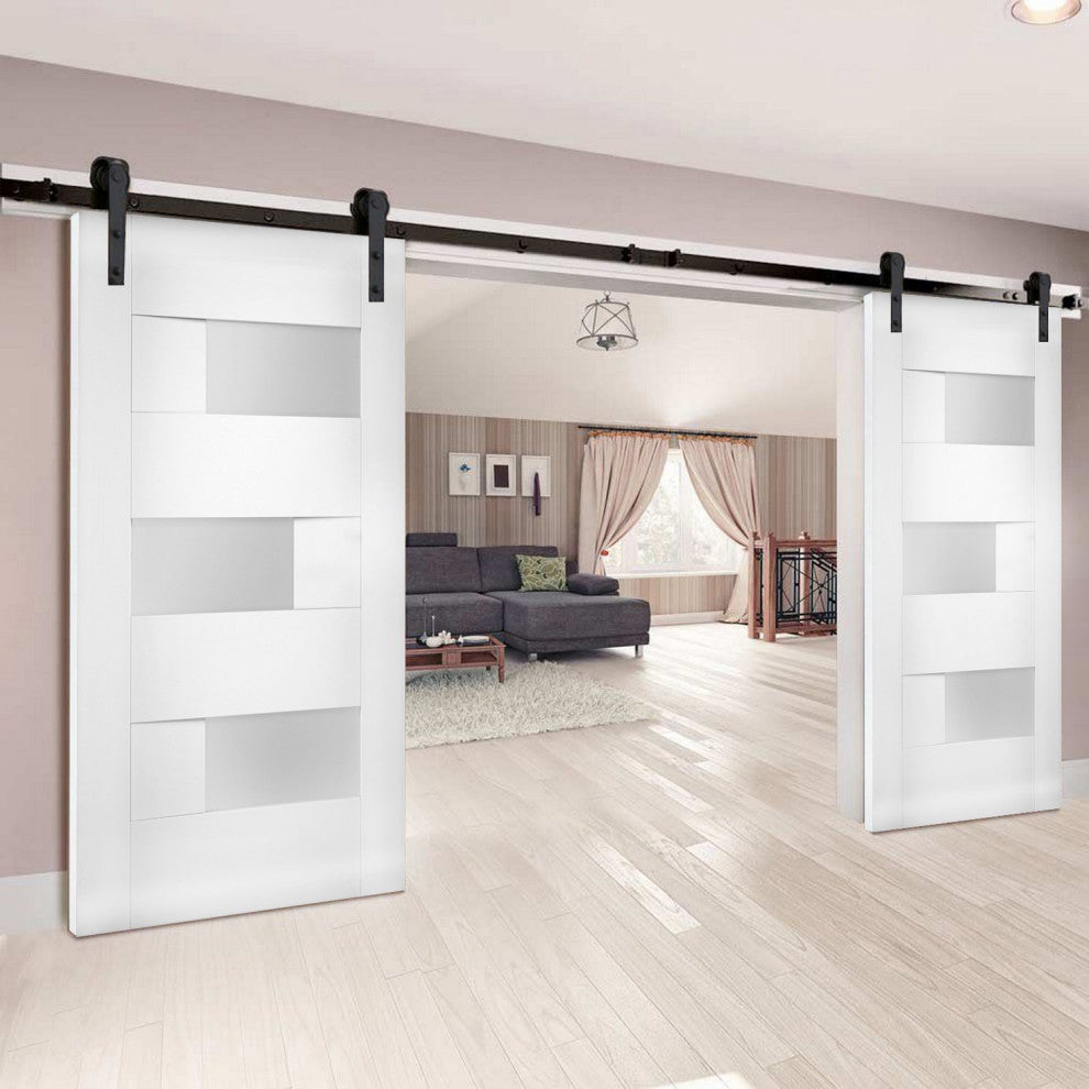 Double Barn Doors Opaque Glass / Sete 6933 White Silk / 13FT Rail, 64" X 80" ( 2* 32x80)