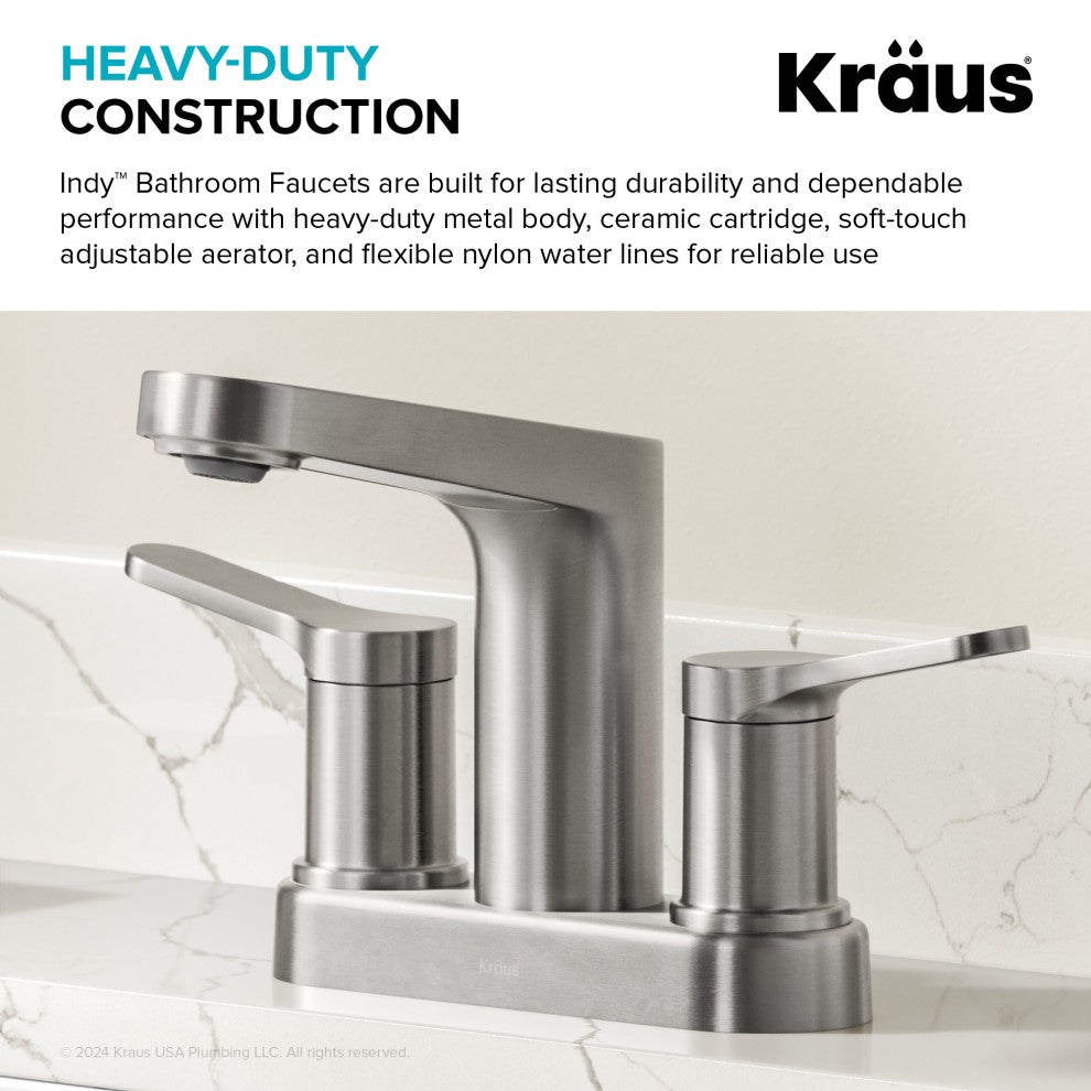 KRAUS Indy 2-Handle 3-Hole Centerset Bathroom Faucet Spot Free BN, PU Drain