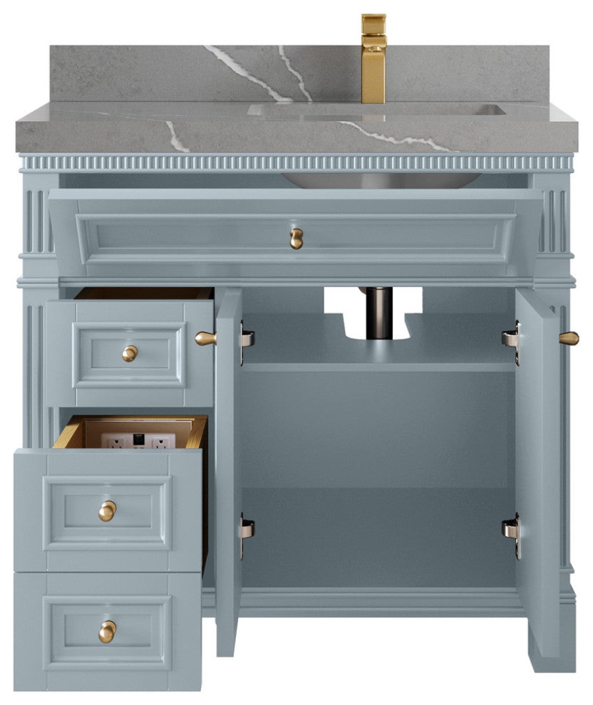 Paris 36" Right Offset Bathroom Vanity, Blue Heather 2" Piatra Gray