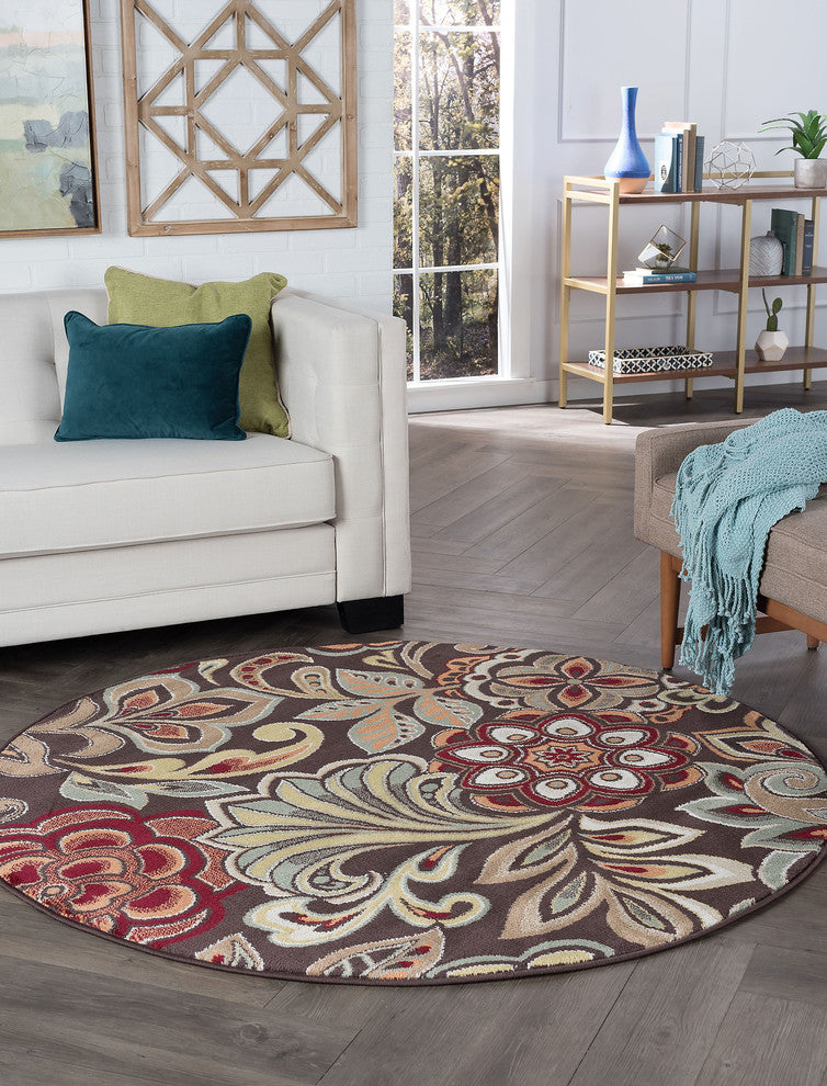 Dilek Transitional Floral Area Rug, Brown, 5'3'' Round
