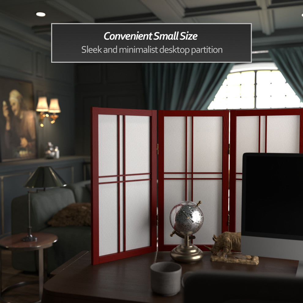 2' Tall Desktop Double Cross Shoji Screen, Rosewood, 3 Panels
