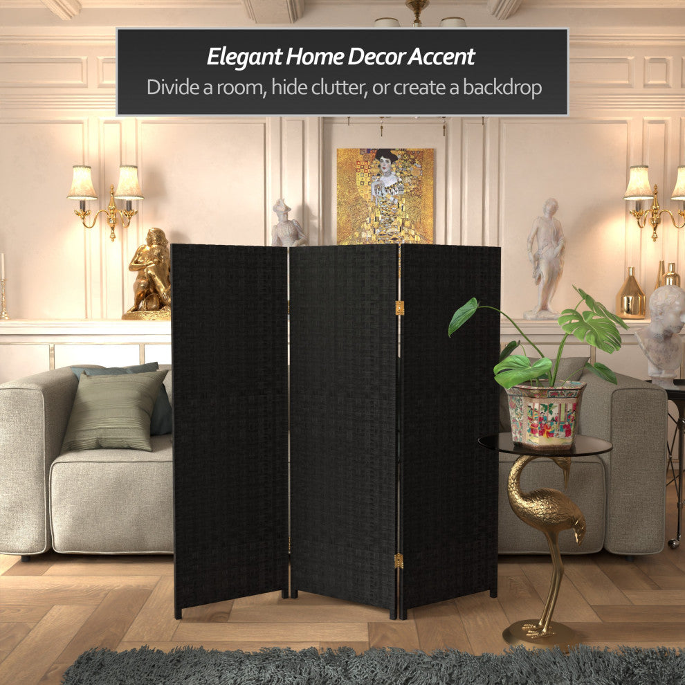 4' Tall Woven Fiber Room Divider, Black, 3 Panel