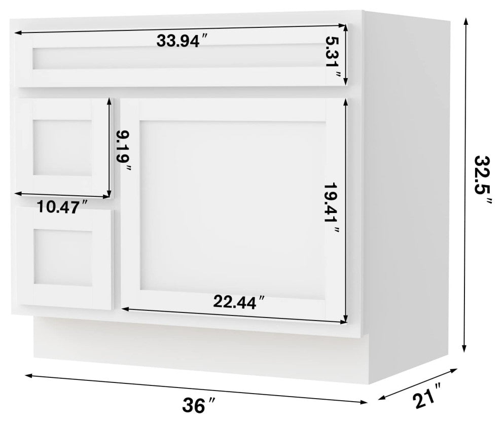 Vanity Art Vanity Base Cabinet, No Top, Drawers on Left, 36", White