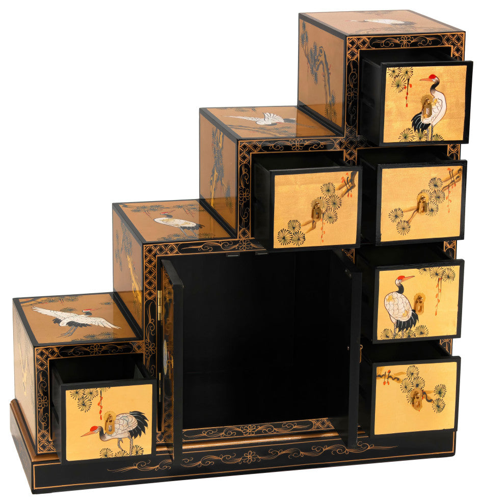 Gold Lacquer Step Tansu Cranes