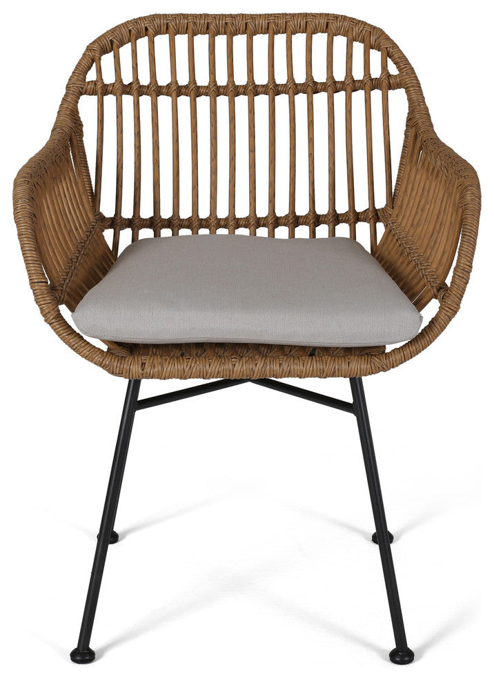 Rodney Outdoor Woven Faux Rattan Chairs With Cushions, Set of 2, Light Brown, Beige