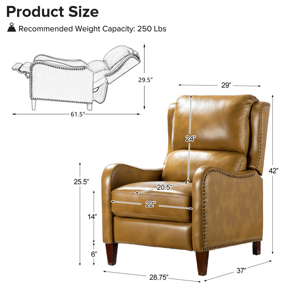 Genuine Leather  Push back Recliner With Wingback, Camel