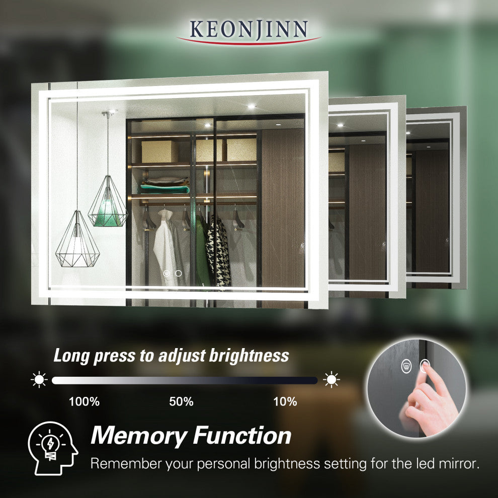 LED Bathroom Mirror, Anti-Fog Memory Dimmable IP54 Waterproof, 48"x36"