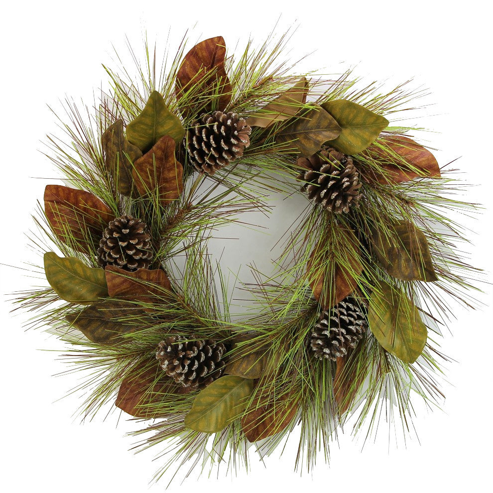 24"  Faux Magnolia Leaves and Glitter Pine cone Christmas Wreath
